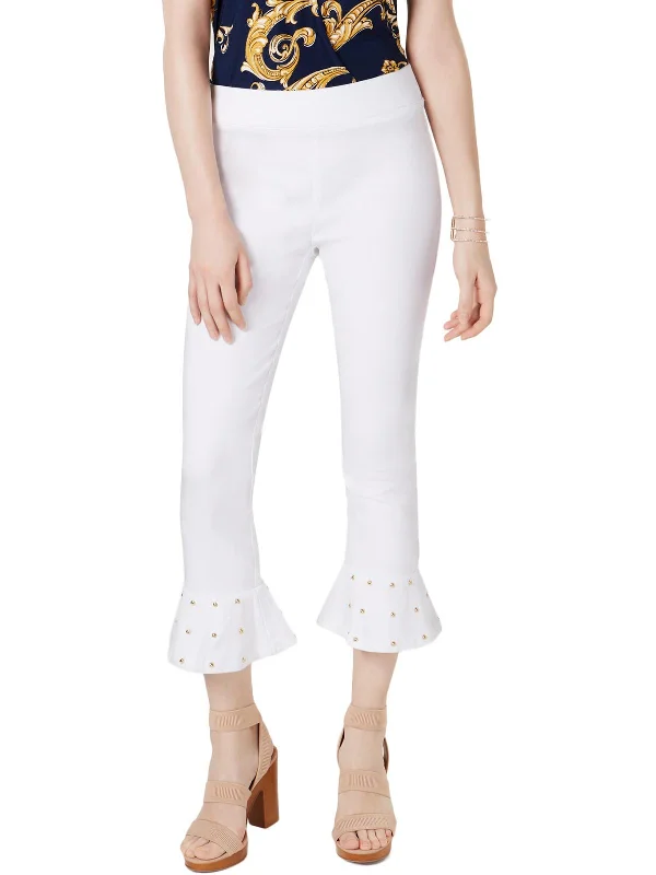 Womens Studded Ruffle Hem Capri Pants