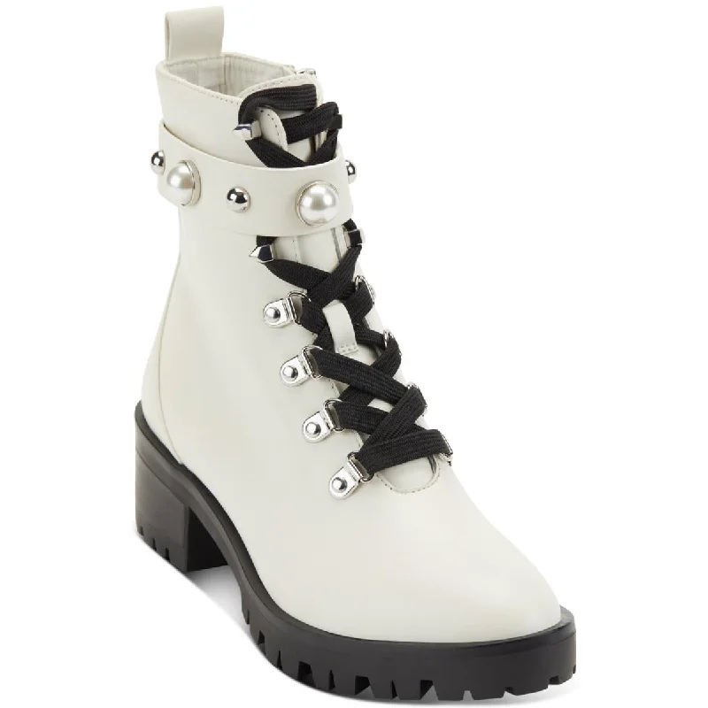 Karl Lagerfeld Paris Womens Perry Leather Embellished Combat & Lace-up Boots