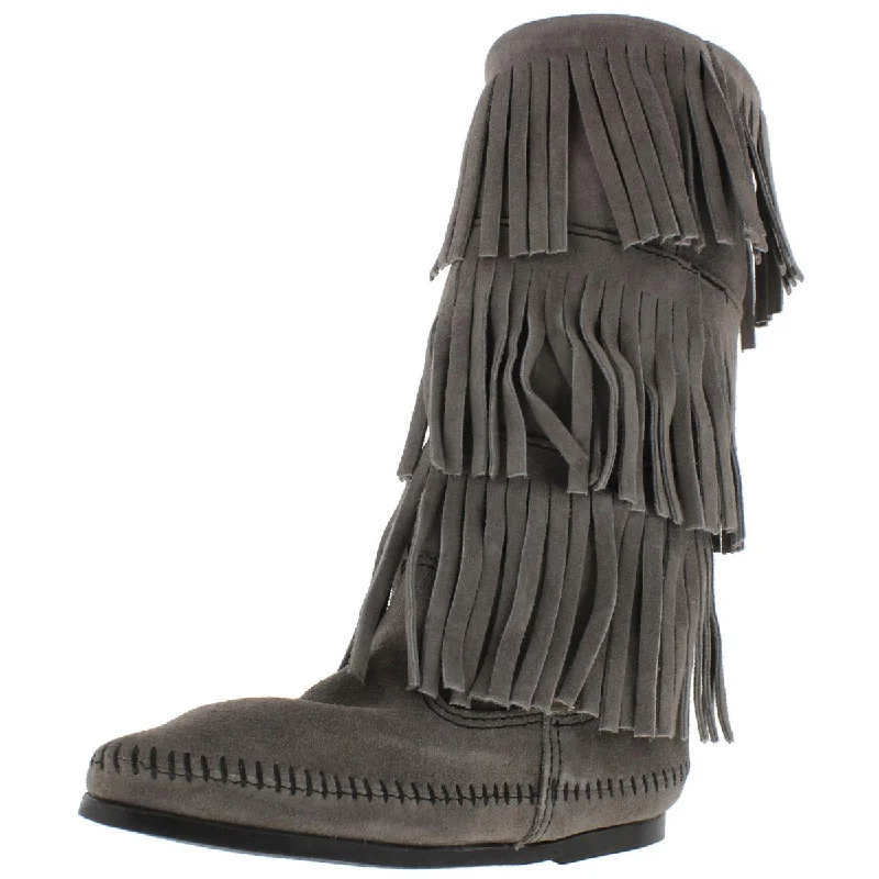 Minnetonka Womens 3 Layer Fringe Mid-Calf Western Moccasin Boots