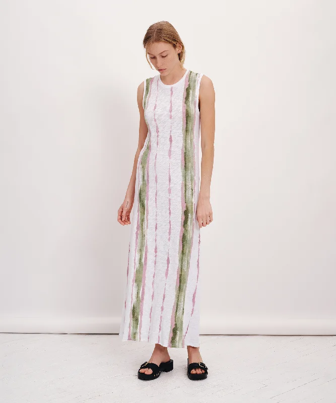 Slub Jersey with Paintstroke Sleeveless Maxi Dress - White-Multi