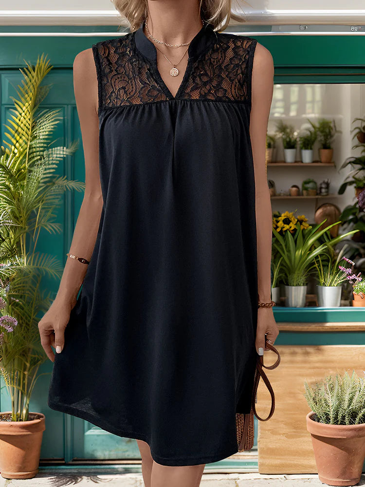 BLACK LACE STITCHING SLEEVELESS DRESS