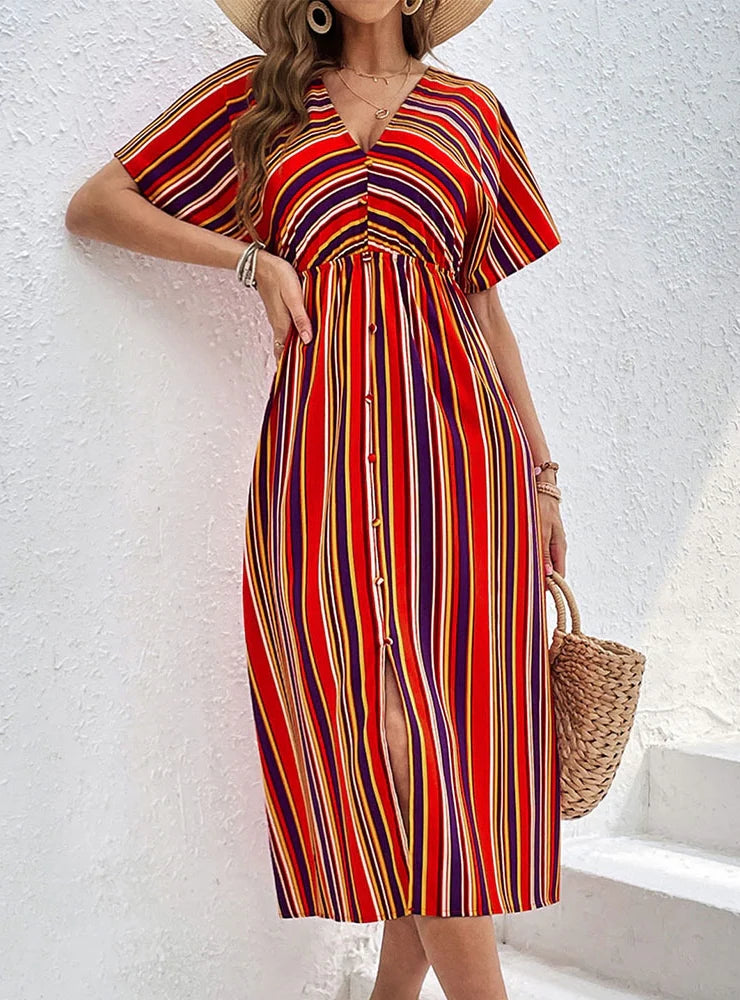 COLOR STRIPED CASUAL V-NECK BUTTON DRESS