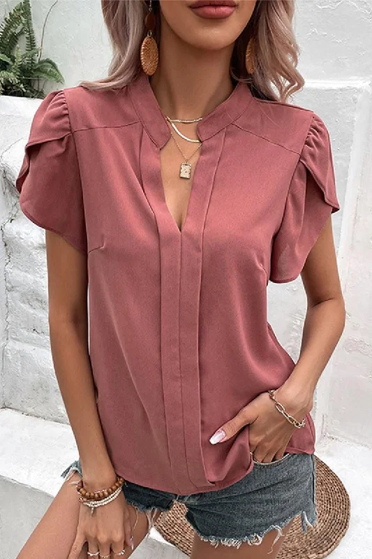 WOMEN V NECK PETAL TULIP SLEEVE T SHIRT