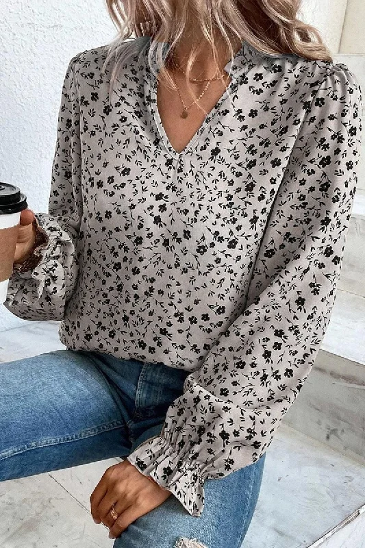 WOMEN RUFFLED SLEEVE V NECK FLORAL BLOUSE TOP