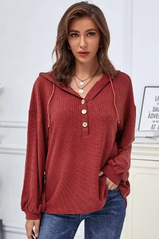 CASUAL SOLID COLOR BUTTON LOOSE HOODIE SWEATER