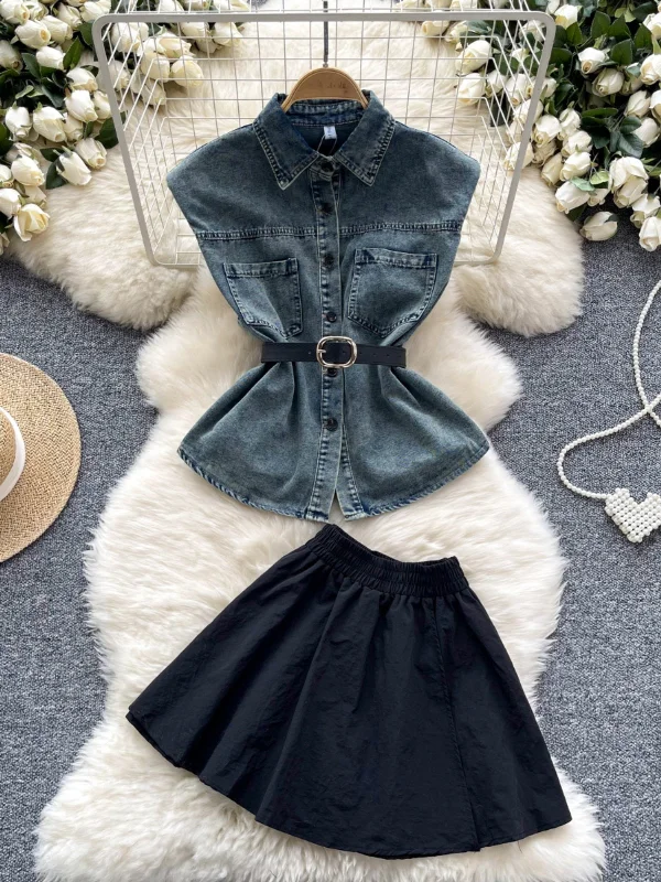 Effortless Style Denim Top Black Skirt Set