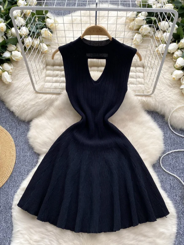 High Neck Keyhole Cutout Black Dress