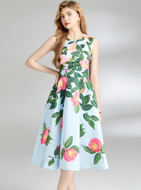 RETRO SLIM SLEEVELESS PRINTED DRESS