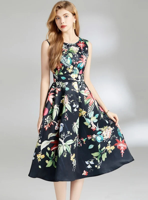 RETRO WAIST SLIM SLEEVELESS PRINTED DRESS