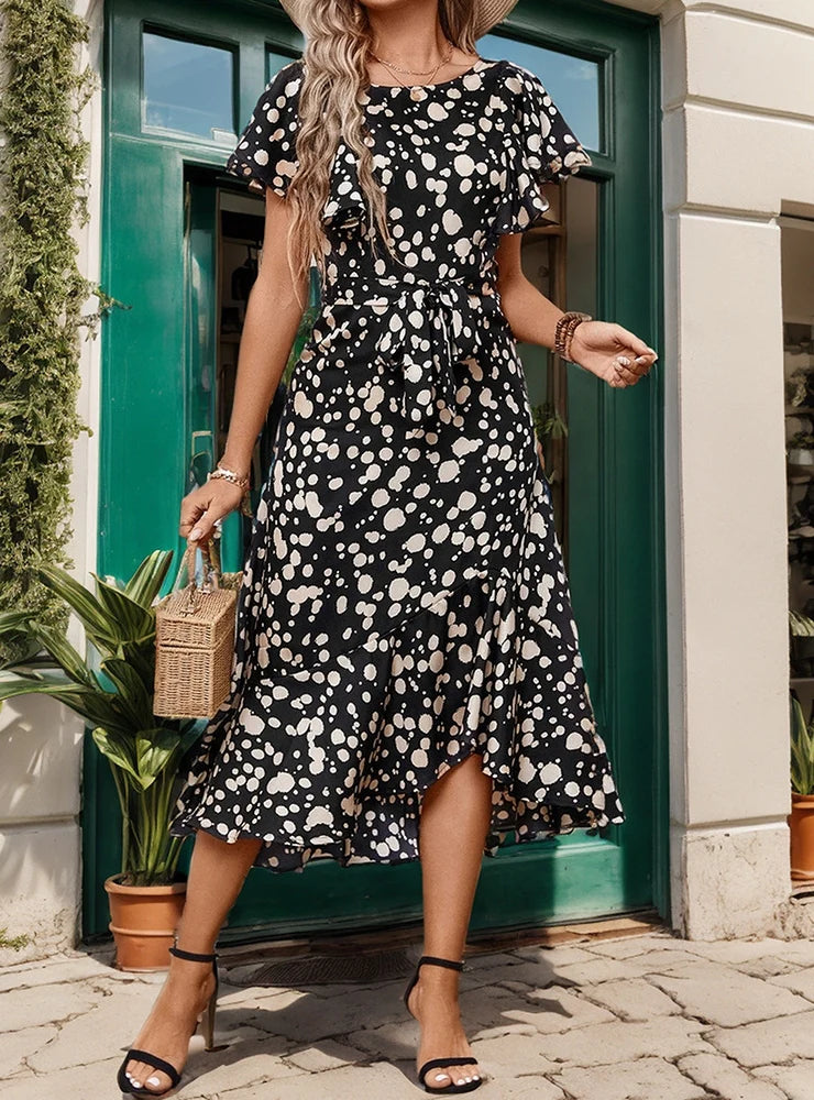 ROUND NECK RUFFLED POLKA DOT DRESS