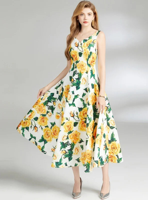 V-NECK BACKLESS SLEEVELESS PRINT DRESS